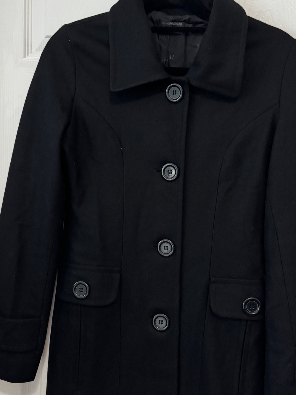 Women's Black Wool-Blend Pea Coat with Button Front - Picture 2 of 7